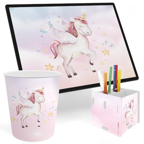itenga SET Papierkorb Schreibunterlage und Stifteköcher mit Motiv - Papierkorb für Kinder mit Motiv - rund ca. 11 Liter passende Schreibtischunterlage und Schreibtisch Organizer (Motiv Einhorn) von itenga