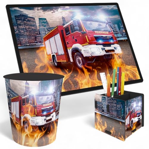 itenga SET Papierkorb Schreibunterlage und Stifteköcher mit Motiv - Papierkorb für Kinder mit Motiv - rund ca. 11 Liter passende Schreibtischunterlage und Schreibtisch Organizer (Motiv Feuerwehr) von itenga