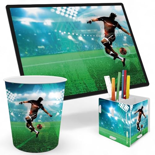 itenga SET Papierkorb Schreibunterlage und Stifteköcher mit Motiv - Papierkorb für Kinder mit Motiv - rund ca. 11 Liter passende Schreibtischunterlage und Schreibtisch Organizer (Motiv Fussball) von itenga