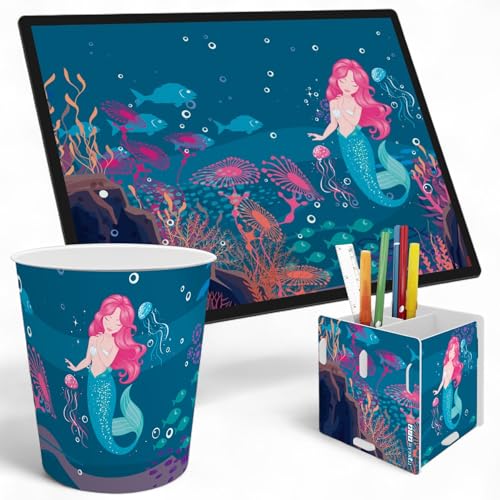 itenga SET Papierkorb Schreibunterlage und Stifteköcher mit Motiv - Papierkorb für Kinder mit Motiv - rund ca. 11 Liter passende Schreibtischunterlage und Schreibtisch Organizer (Motiv Meerjungfrau) von itenga