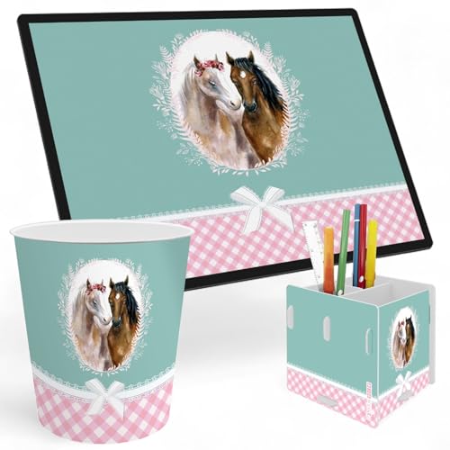 itenga SET Papierkorb Schreibunterlage und Stifteköcher mit Motiv - Papierkorb für Kinder mit Motiv - rund ca. 11 Liter passende Schreibtischunterlage und Schreibtisch Organizer (Motiv Pferde) von itenga