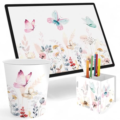 itenga SET Papierkorb Schreibunterlage und Stifteköcher mit Motiv - Papierkorb für Kinder mit Motiv - rund ca. 11 Liter passende Schreibtischunterlage und Schreibtisch Organizer (Motiv Schmetterling) von itenga