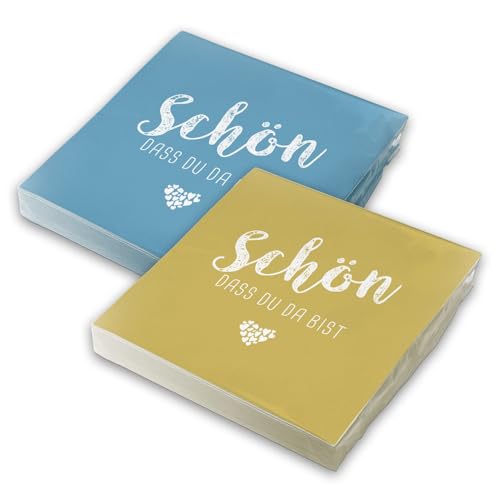 itenga Servietten Schön dass du da bist 30 x 30cm 3-lagig 40 Stück für Kommunion Konfirmation Hochzeit Taufe und andere Feiern (MixPack - 20x Nordic Blue und 20x CurryGelb) von itenga