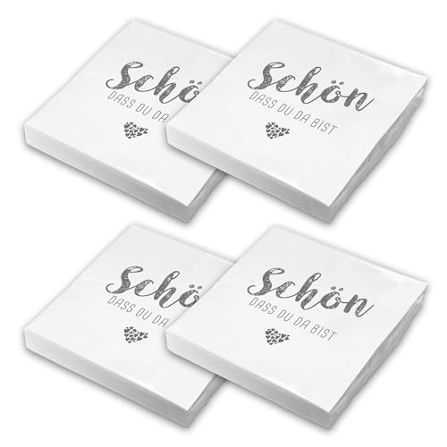 itenga Servietten Schön dass du da bist 30 x 30cm 3-lagig 80 Stück für Kommunion Konfirmation Hochzeit Taufe und andere Feiern (weiß) von itenga