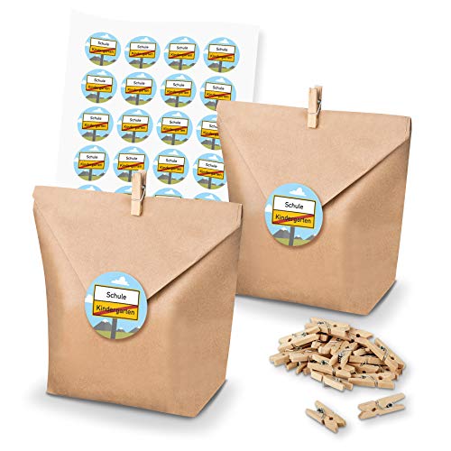 itenga Set Einschulung 24x Geschenktüten Papier Braun inkl. Aufkleber Sticker für Gastgeschenke Schulanfang Schulkind von itenga