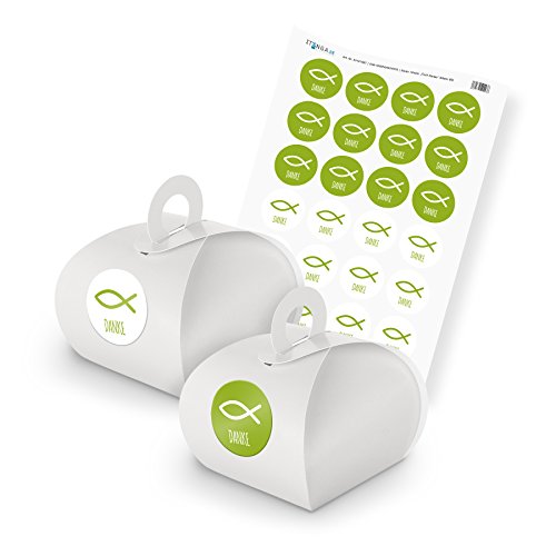 itenga Set Fisch 24x Geschenkschachteln inkl Sticker Aufkleber für Gastgeschenk Taufe Kommunion Konfirmation (Grün (mit Text), Karton (Weiß)) von itenga