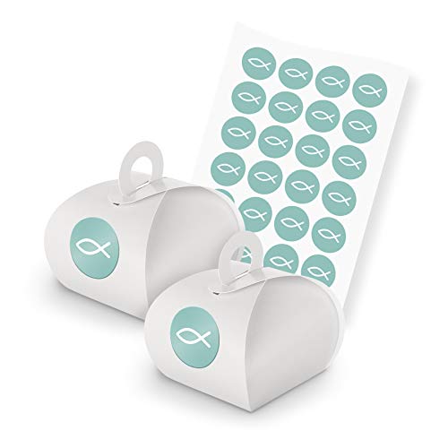 itenga Set Fisch 24x Geschenkschachteln inkl Sticker Aufkleber für Gastgeschenk Taufe Kommunion Konfirmation (Türkis, Karton (Weiß)) von itenga
