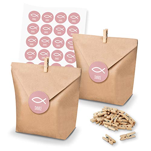itenga Set Fisch 24x Geschenktüten Papier Braun inkl Aufkleber Sticker für Gastgeschenke Taufe Kommunion Konfirmation (Altrosa (mit Text)) von itenga