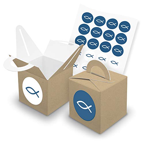 itenga Set Fisch 24x Würfelbox mit Griff inkl Aufkleber Sticker für Gastgeschenke Taufe Kommunion Konfirmation (Blau, Karton (Braun)) von itenga