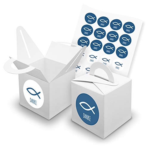 itenga Set Fisch 24x Würfelbox mit Griff inkl Aufkleber Sticker für Gastgeschenke Taufe Kommunion Konfirmation (Blau (mit Text), Karton (Weiß)) von itenga