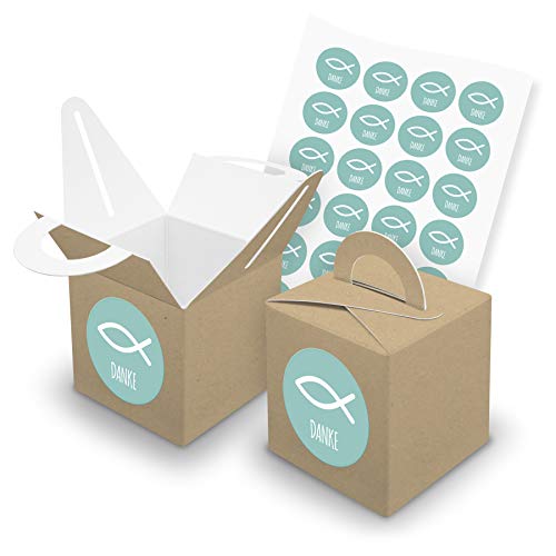 itenga Set Fisch 24x Würfelbox mit Griff inkl Aufkleber Sticker für Gastgeschenke Taufe Kommunion Konfirmation (Türkis (mit Text), Karton (Braun)) von itenga