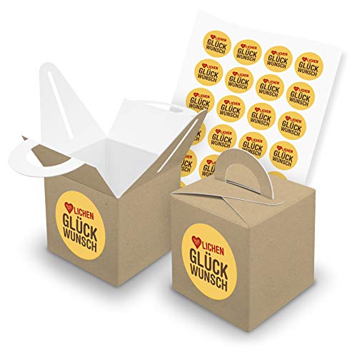 itenga Set Herzlichen Glückwunsch Gelb 24x Würfelbox mit Griff Braun inkl. Aufkleber Sticker für Gast Geschenk Mitbringsel Geburtstag von itenga