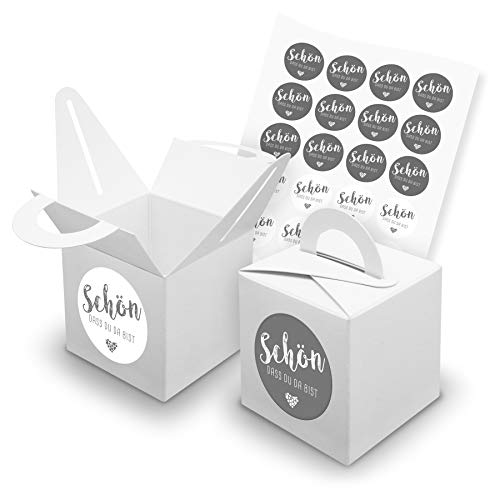 itenga Set Schön dass du da bist Grau 24x Würfelbox mit Griff Weiß inkl. Aufkleber Sticker für Gast Geschenk Mitbringsel Geburtstag von itenga