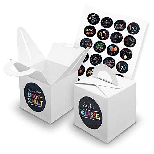 itenga Set Schulanfang 24x Würfelbox mit Griff Weiß inkl. Aufkleber Sticker für Gast Geschenke Gastgeschenke Einschulung Schulkind von itenga