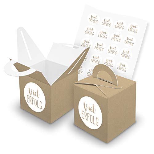 itenga Set Viel Erfolg Braun 24x Würfelbox mit Griff Braun inkl. Aufkleber Sticker für Gast Geschenk Mitbringsel Geburtstag von itenga