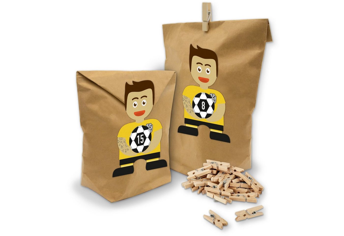 itenga befüllbarer Adventskalender Adventskalender Fußball Gelb Schwarz 24 Tüten Klammern + Sticker Set von itenga