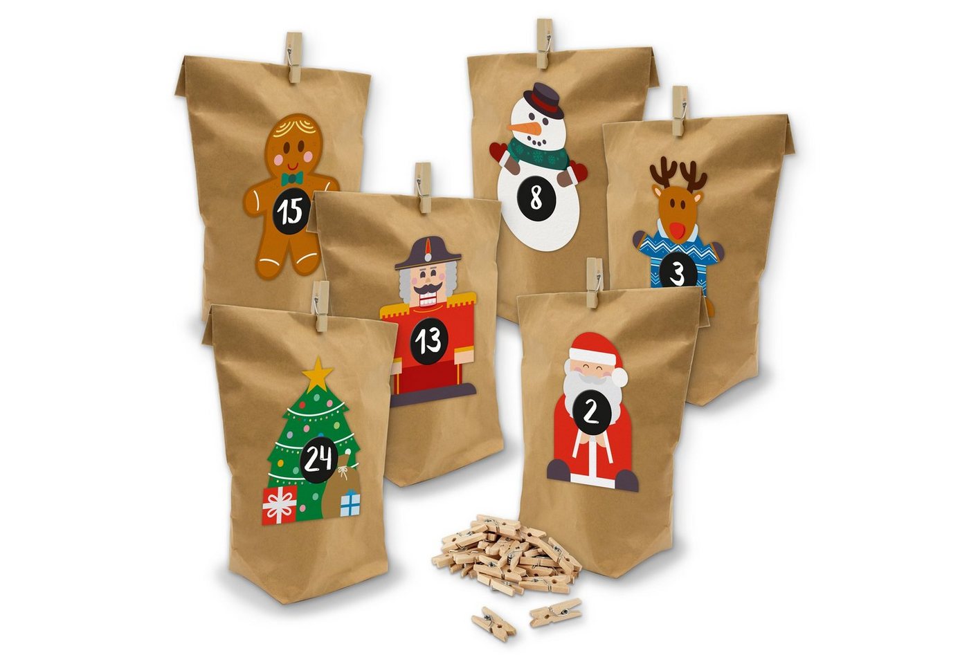 itenga befüllbarer Adventskalender Adventskalender Weihnachtsbande 24x Tüten + Klammern Sticker Bande Set von itenga