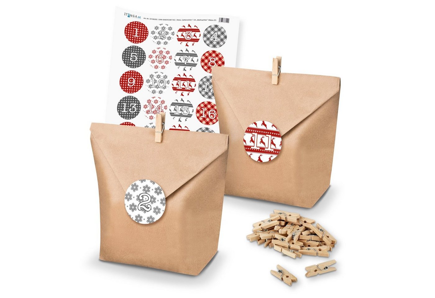 itenga befüllbarer Adventskalender Basteladventskalender Set - Set 7 Weihnachten Sticker rot grau von itenga