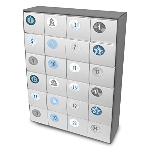 itenga großer Adventskalender 50x37cm zum Füllen 24 Schachteln zum Befüllen Quader Form weiß zum Selber Befüllen inkl Zahlenstickern blau grau von itenga