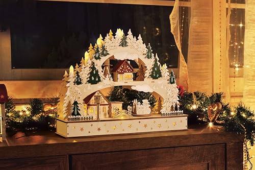 Weihnachtlicher Schwibbogen mit fahrenden Zug mit LED Kerzen und Timerfunktion, Weihnachtsdekoration, Holzdesign mit Winterszene, Beleuchteter Lichterbogen von ito electronics
