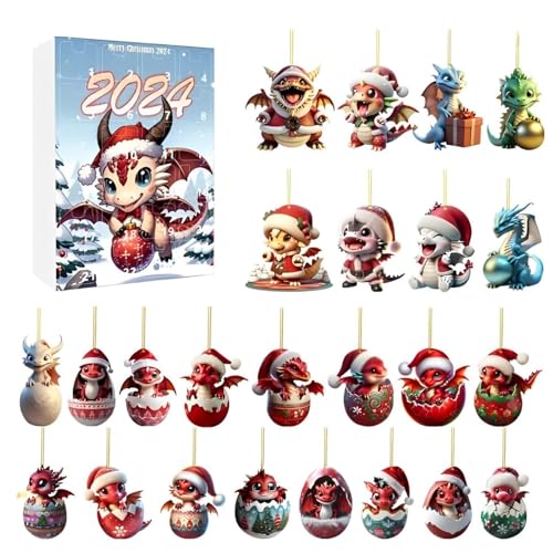 Drachen-Adventskalender 2024, Weihnachts-Adventskalender 2024, 24-Tage-Weihnachts-Countdown-Kalender Mit 2D-Acryl-Baby-Drachen-Ornamenten Für Heimdekoration von itrimaka