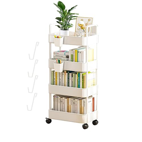 Trolley auf Rollen, 3/4-stufiger Aufbewahrungswagen auf Rollen, Bücherwagen, Badezimmerwagen, Mehrzweckaufbewahrung, Bücherwagen, Küchenwagen, Aufbewahrung, Bastelwagen auf Rädern mit 4 Haken von itrimaka