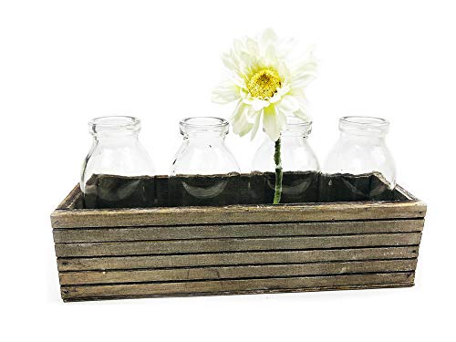 4er Set Glasflaschen im Holz Tablett - Vase, Tischdekoration, kleine Glasvasen, Landhausdeko, Gastro von itsisa