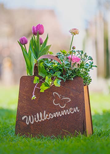 Dekofigur Tasche Willkommen zum Bepflanzen 32x27cm im Rost Design - Pflanzkübel mit Schmetterling, Rostfigur Einkaufstasche, Gartendeko, Blumentopf, Metalldeko von itsisa