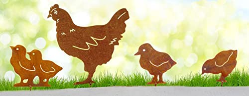 Gartenstecker Huhn mit 3 Küken zum Schrauben im Rost Design - Rostfigur Hühner, Gartendeko Bauernhof, Dekofigur für den Garten von itsisa
