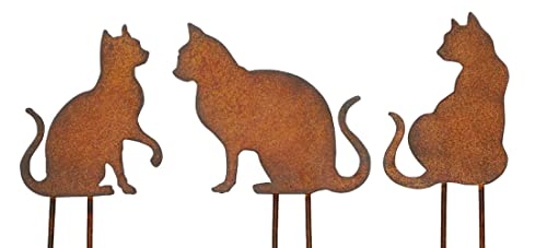 Gartenstecker Katze H: 27 cm (3er Set) im Rost Design, Rostfigur für den Garten von itsisa