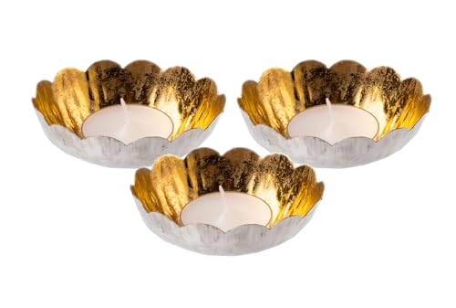 Schwimmschale Blüte Silber-Gold (3er Set) 8x5 cm aus Metall - Schwimm-Teelicht, Schwimmkerzen, Tischdeko, Teelichthalter von itsisa
