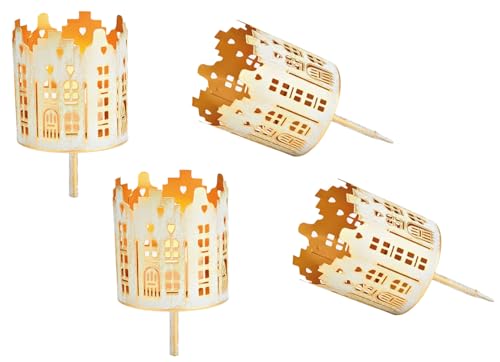 Teelichthalter Adventskranz Stadthäuser (4er Set) 14x6 cm Metall Weiss - Bodenstecker Windlicht Adventskranz, Weihnachsdeko, Kerzenhalter von itsisa