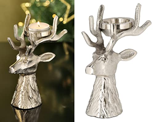 Teelichthalter Hirsch aus Aluminium Silber, H: 17 cm - Weihnachten Deko, Adventsdeko, Kerzenhalter Hirschkopf, Advent von itsisa