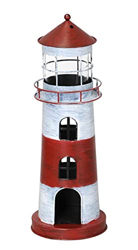 Windlicht Leuchtturm rot Weiss H:39,5 cm aus Metall - Maritime Deko, Dekofigur Küste, Gartendeko, Metalldeko Meer, Teelichthalter von itsisa