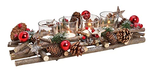 itsisa Adventsgesteck Holz mit Zapfen und roten Kugeln - Adventskranz, Adventsdeko, Advent, Weihnachten Deko von itsisa