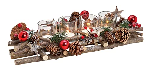 itsisa Adventsgesteck Holz länglich mit Zapfen und roten Kugeln - Adventskranz, Adventsdeko, Advent, Weihnachten Deko von itsisa