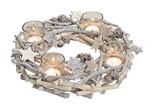 itsisa Adventskranz Holz mit Zapfen & Sternen - tolle Weihnachtsdekoration, Adventsgesteck von itsisa