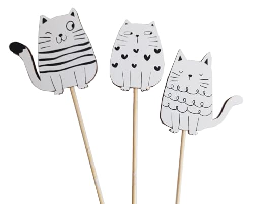 itsisa Blumenstecker Katze aus Holz, 3er Set - Frühlingsdeko, Pflanzstecker Katzen, Blumen Deko von itsisa
