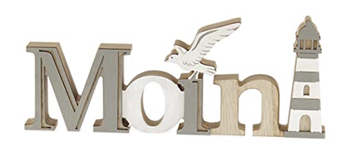 itsisa Holz Schriftzug Moin 28 cm Mit Leuchtturm - Maritim Deko, Strand, Möwe, Schild im Retro Look, Ferienwohnung Meer von itsisa