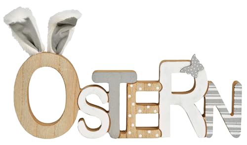 itsisa Deko Schriftzug Ostern mit Plüschohren Hase und Schmetterling aus Holz 30 cm - Oster Deko Aufsteller grau weiß, Osterdeko von itsisa