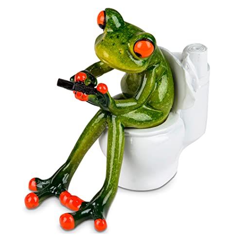 itsisa Dekofigur Frosch auf Toilette mit Handy 11x13 cm - Deko für Badezimmer, WC Frösche, lustige Dekoration Smartphone von itsisa