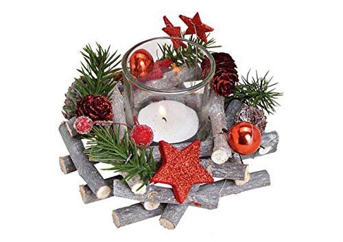 itsisa Festliches Adventsgesteck D: 13 cm mit Zweigen & roten Sternen inkl. Teelichtglas, Adventsdeko (Adventskranz), weihnachtliche Tischdeko von itsisa