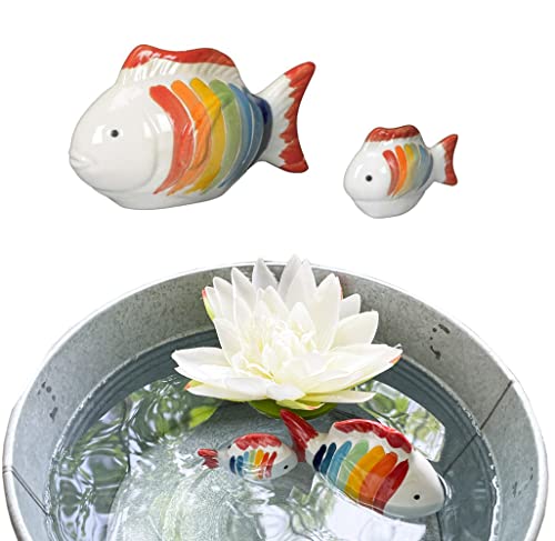itsisa Schwimmtiere Bunte Fische (2er Set) aus Porzellan schwimmend als Teich Deko - Deko für Vogeltränke, Fische, Gartenteich, Frosch, Gartendeko (Bunte Fische) von itsisa