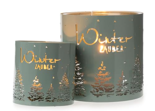 itsisa Windlicht Winterzauber mit Kerzenglas, mattgrün (2er Set) H:11/16 cm aus Metall - Tischdeko Advent Weihnachten, Adventsdeko, Weihnachtsdeko, Winterdeko,Teelichthalter von itsisa