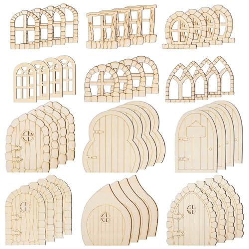iubfegt 48-Teiliges Feentür-Set Aus für Den Garten, Basteln, Mini-, Feenhaus-Set, Unvollendete Miniaturtür, Unbemaltes Feenfenster von iubfegt