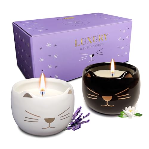 iubihome - 2er Set Kerzen Deko in Katzenform, Duftkerzen Geschenkset im Glas aus Keramik, Ideales Geschenke für Frauen oder Deko Wohnzimmer von iubihome
