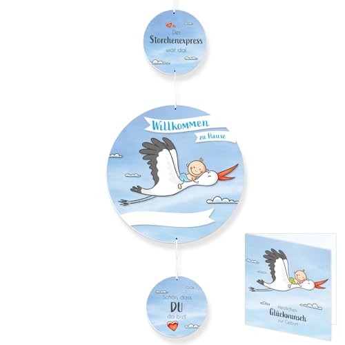 Storch zur Geburt Schild 100 cm I Willkommen Zuhause Baby Girlande blau I 6-teiliges Set, personalisierbar I vormontiert I Aufhänger Babyparty Deko Mobile Geburtsgeschenk Türschild Geburtsstorch von iulias Freude schenken!