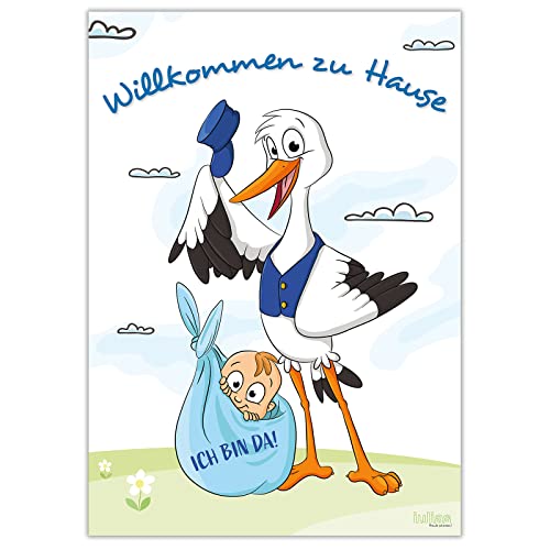 Poster zur Geburt Junge I Storch mit Baby I Willkommen zu Hause I XL DIN A2 Plakat I Babyparty Deko blau Geburtsgeschenk von iulias Freude schenken!