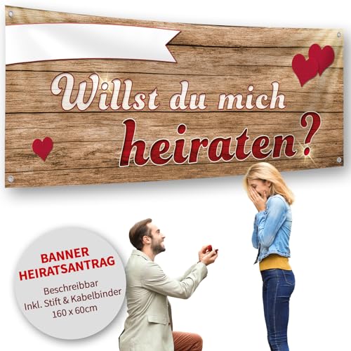 Heiratsantrag Banner I Beschreibbar I Set inkl. Ösen, Stift & Kabelbinder I Wetterfest I XL 160 x 60 cm I Idee für Antrag, Verlobung I Willst Du mich heiraten? I Hochzeitsantrag von iulias Freude schenken!