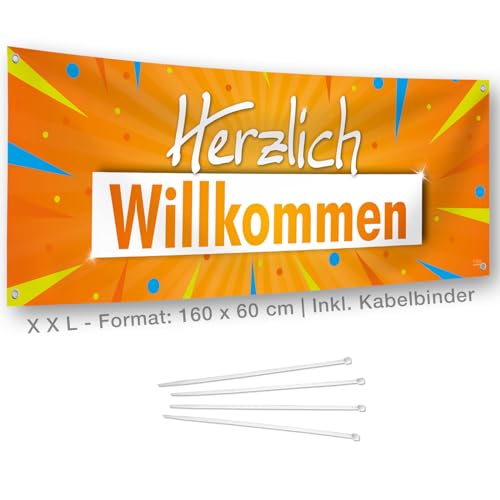 Herzlich Willkommen Banner I XL 160 x 60 cm I Für Party, Geburtstag, Begrüßung, Firmenfeier, Eröffnung I Wetterfestes Set: Willkommensbanner + Ösen + Kabelbinder I Made in Germany von iulias Freude schenken!